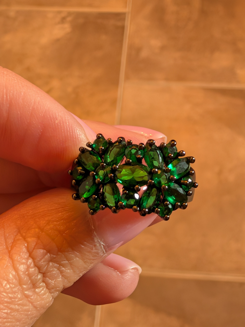 10k Stamped Cluster Ring with Green Emerald-Tone Stones, Black Rhodium Finish